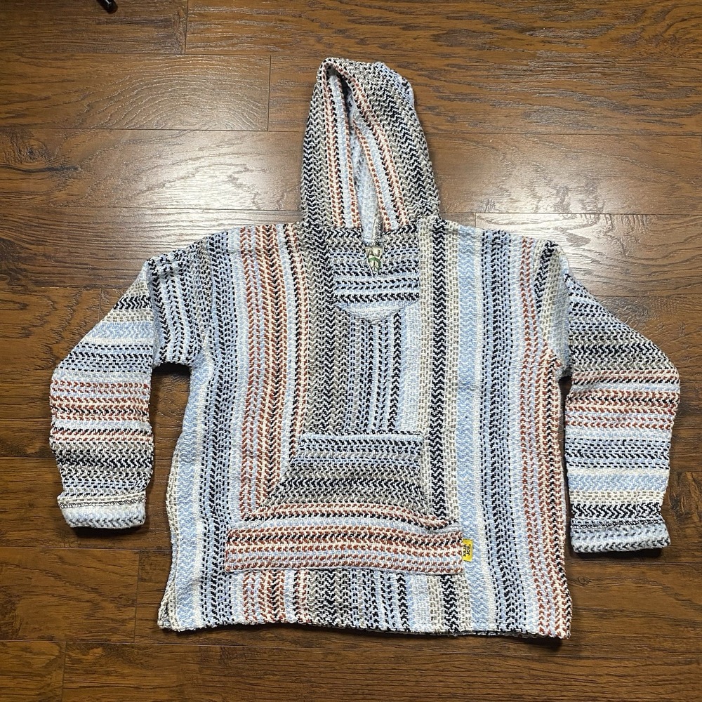 Baja Joe Earth Ragz Blue Striped Mexican Drug Rug Hoodie Small